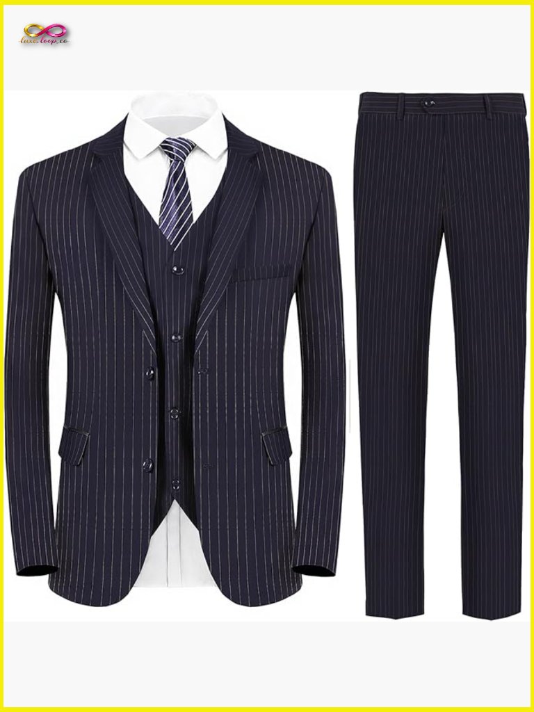 Slim Fit Pinstripe Three Piece Suit Elegant Formal Business Wedding Party